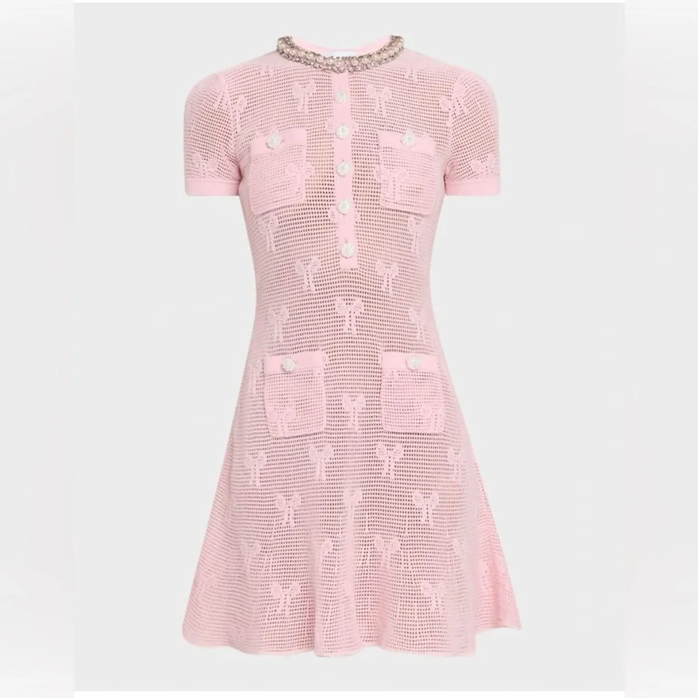 Self-Portrait Pink Short-Sleeve Knit Pocket Dress with Pearl Buttons - Picture 2 of 9